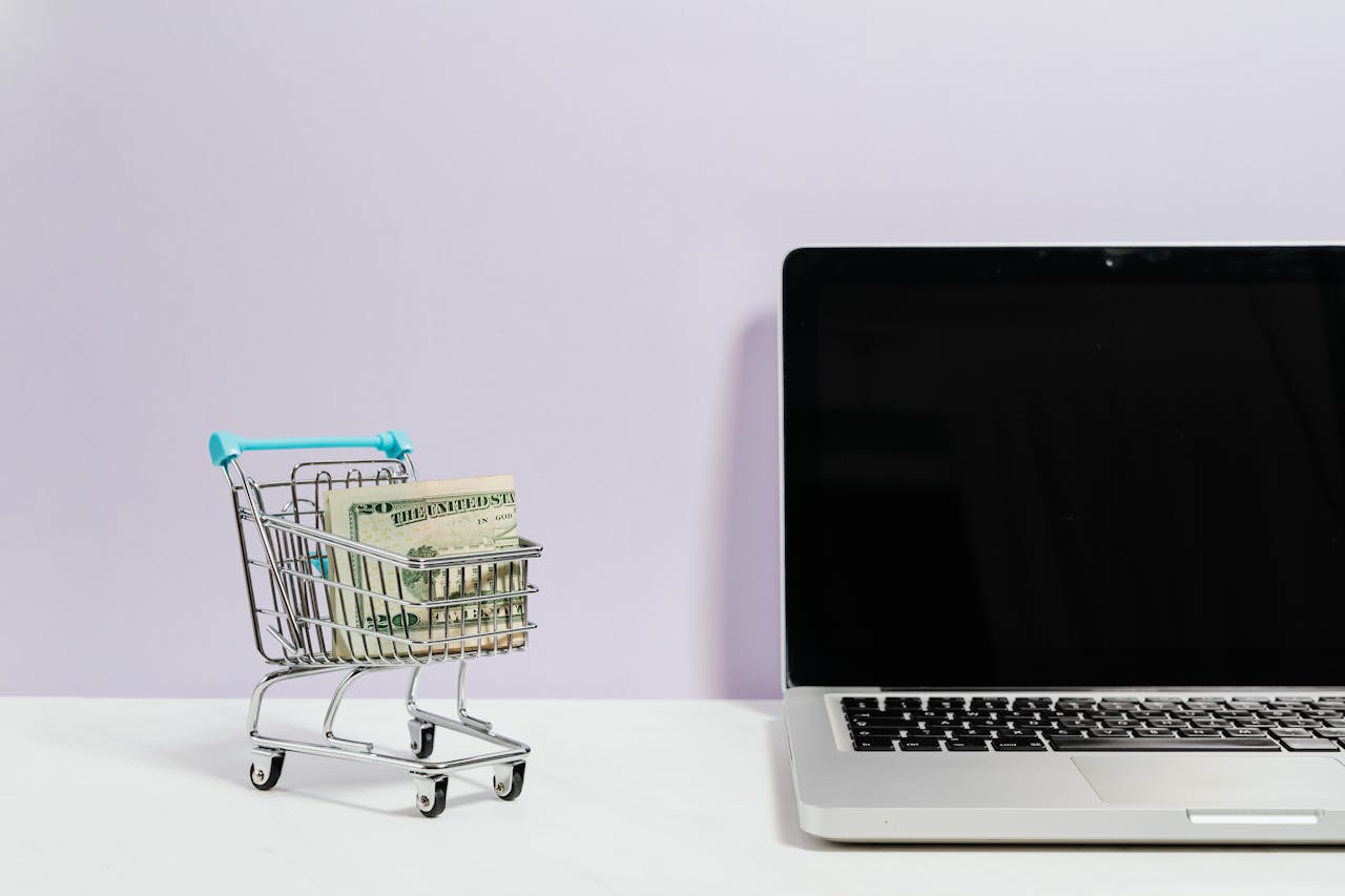 gallery-01 Mini shopping cart with cash beside a laptop, symbolizing online shopping and e-commerce.